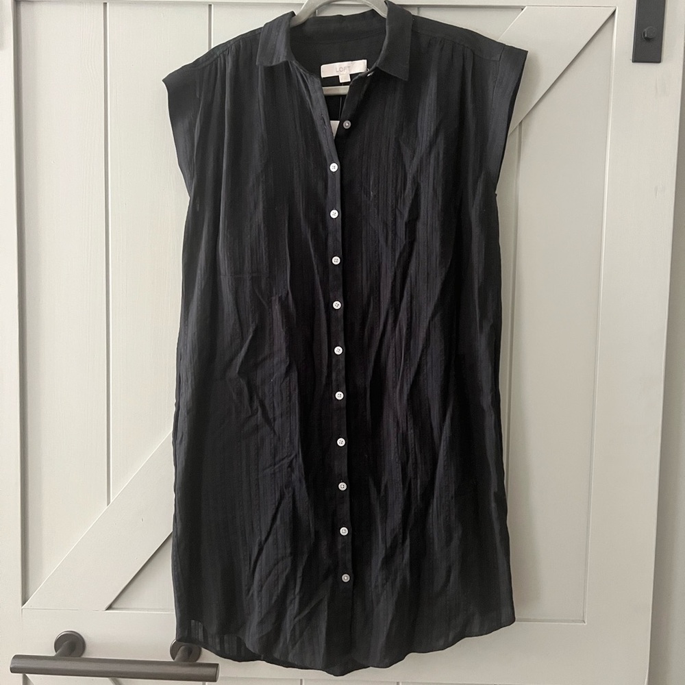 New LOFT M Shirt Dress Black striped Collared Dolman Pocket 100% Cotton